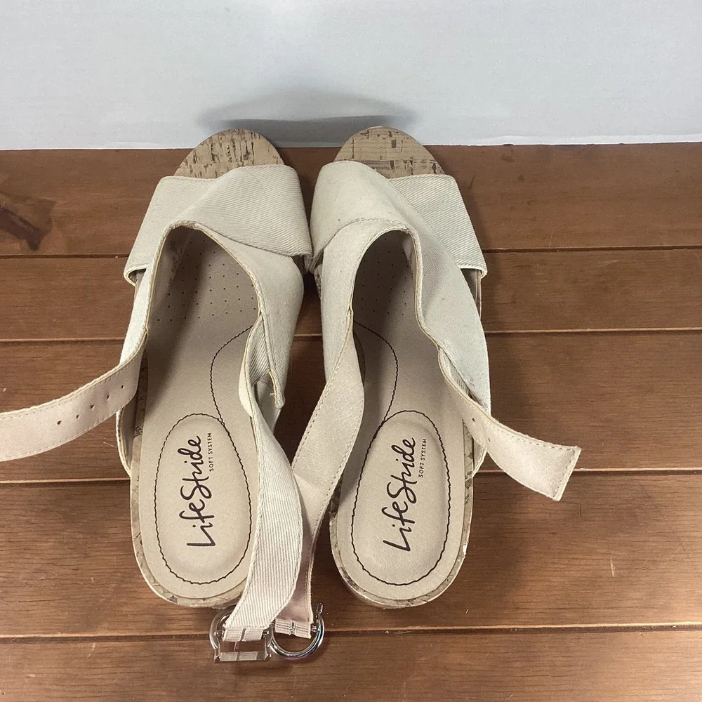 LifeStride Women's Lara Platform Sandals Cork High Heel‎ Beige US 9.5M